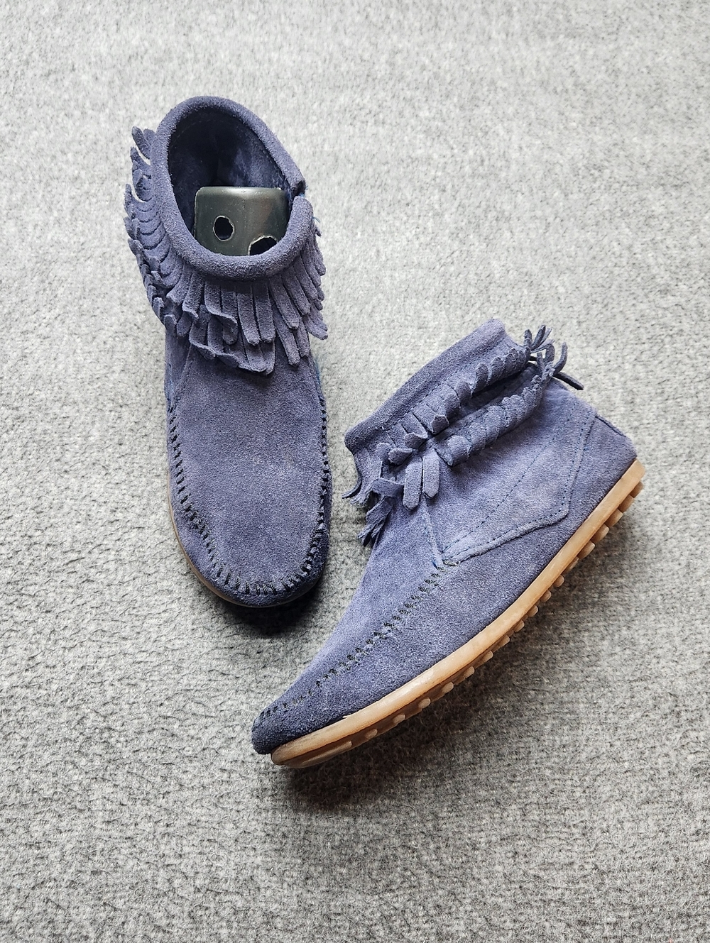 Minnetonka Fringe Boots Womens 8 Blue Suede Ankle‎ Moccasin Zip